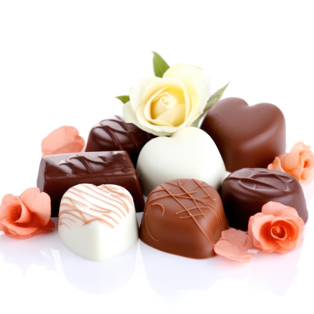 Um monte de chocolates com uma rosa no topo