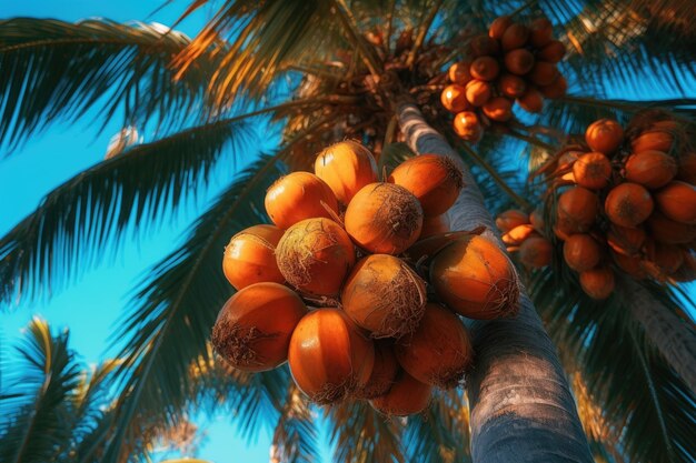 Um monte de cocos estão pendurados em uma árvore