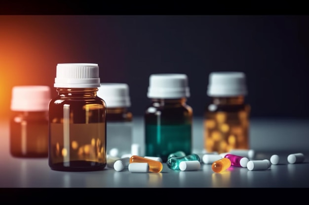 Um monte de comprimidos está sobre uma mesa com um deles rotulado como "pílula".