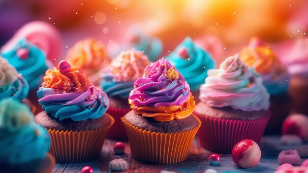 Um monte de cupcakes coloridos com a palavra bolo no topo.