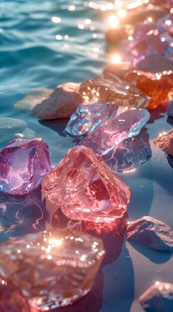 Um monte de diamantes cor-de-rosa e roxo flutuando na água