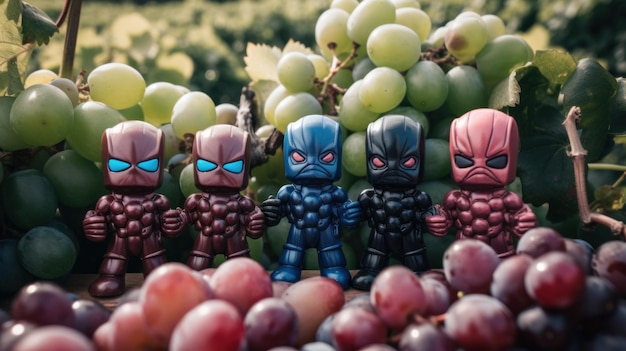 Um monte de estatuetas de super-heróis grapeman ao lado de um cacho de uvas Imagem generativa de IA