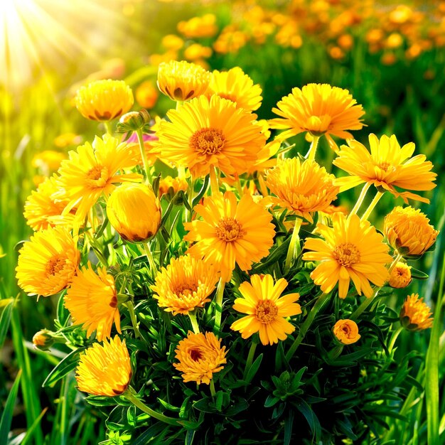 Foto um monte de flores amarelas em um campo com o sol brilhando através da grama