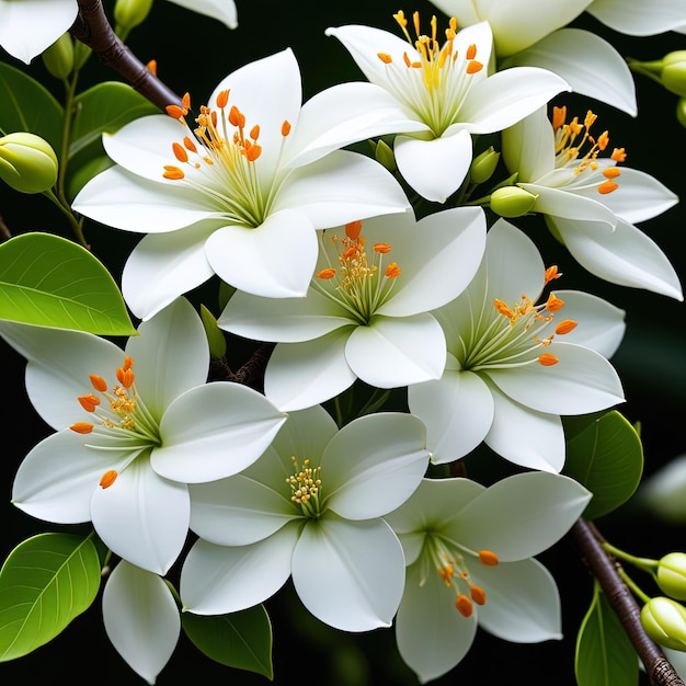 um monte de flores brancas com folhas verdes