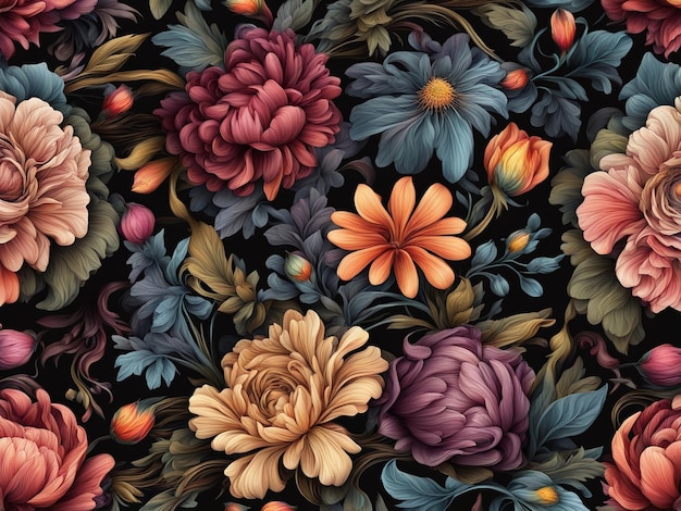 um monte de flores coloridas em um fundo preto padrão de flor escura papel de parede flor intrincada d