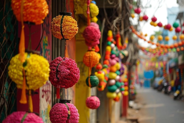 um monte de flores coloridas penduradas em um prédio