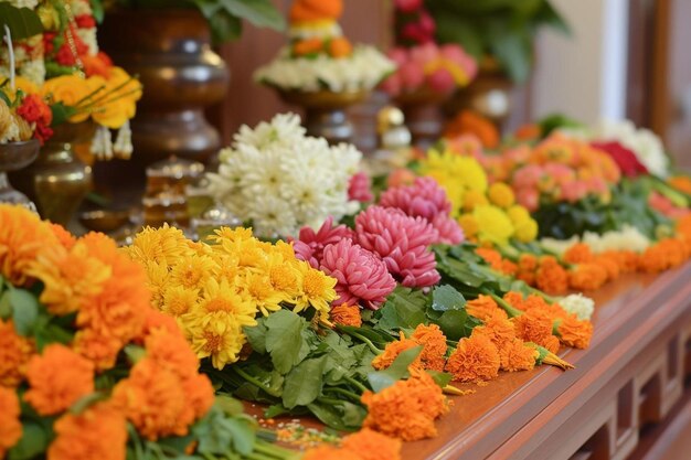 um monte de flores estão sentadas em uma mesa