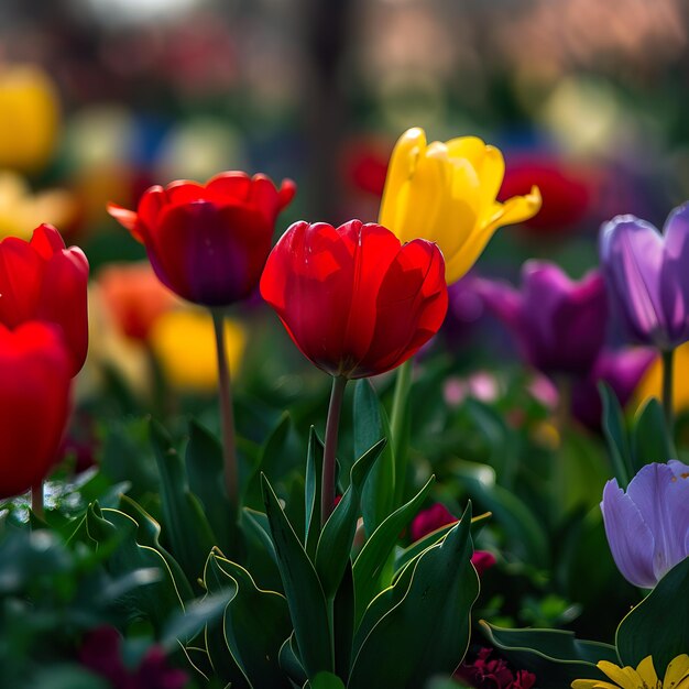 Foto um monte de flores roxas e amarelas com a palavra tulipas sobre elas