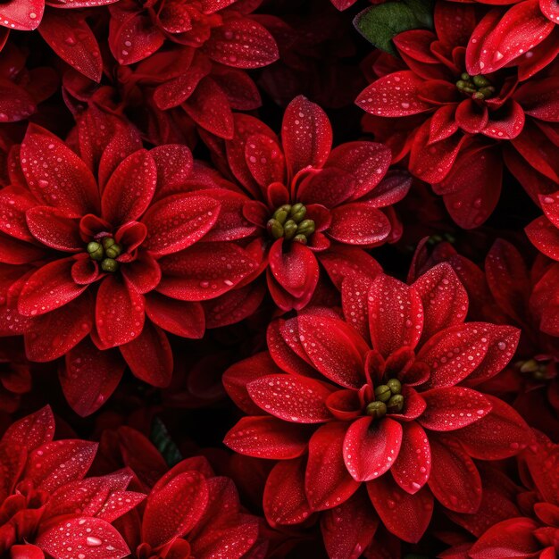 Um monte de flores vermelhas com gotas de água sobre elas