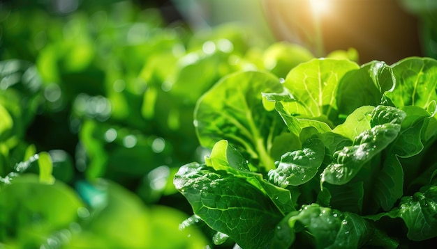 Um monte de folhas de alface verde estão em um campo por uma imagem gerada por ai