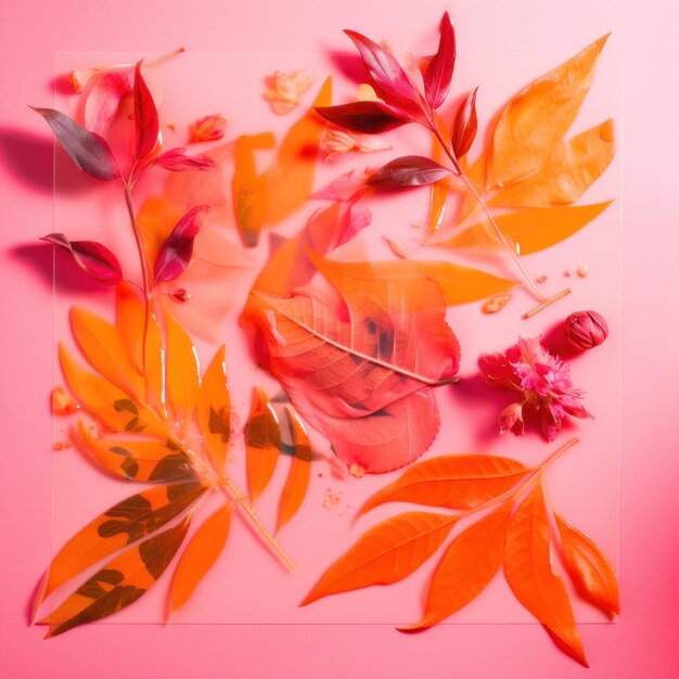Um monte de folhas de cores diferentes em uma superfície rosa gerador de imagem ai
