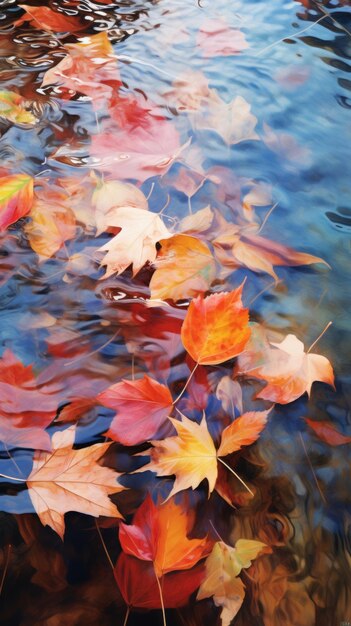 Um monte de folhas flutuando no topo de um corpo de água