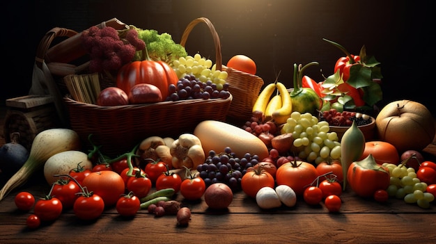 um monte de frutas e vegetais estão em uma mesa