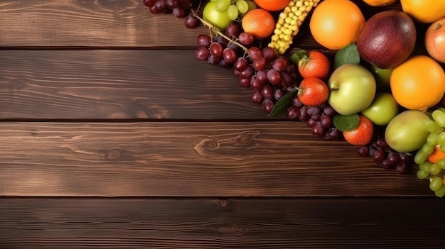 Um monte de frutas em uma mesa de madeira