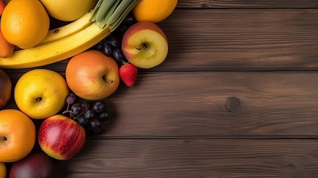 Um monte de frutas em uma mesa de madeira