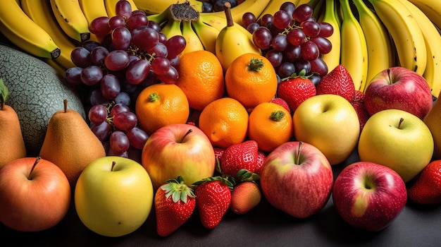 Um monte de frutas está sobre uma mesa