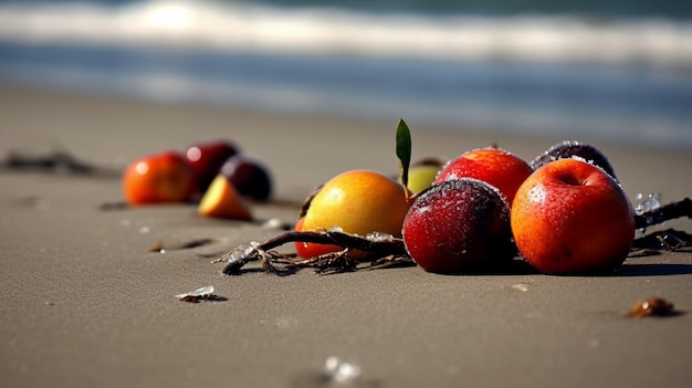 Um monte de frutas na praia