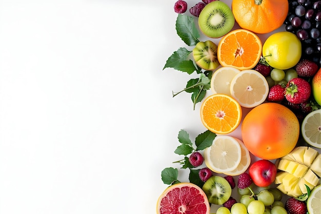 um monte de frutas que estão em um fundo branco