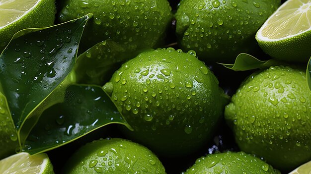 um monte de frutas verdes com gotas de água sobre eles