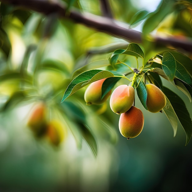 Um monte de frutas verdes e amarelas em uma árvore