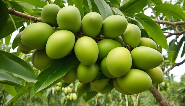 um monte de frutas verdes em uma árvore com a palavra fruta sobre ela