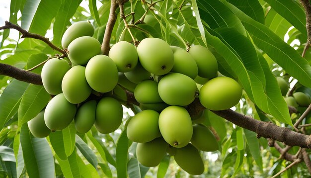 Foto um monte de frutas verdes está em uma árvore