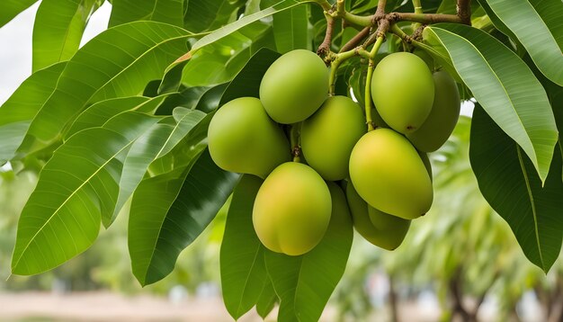 um monte de frutas verdes penduradas de uma árvore com uma folha verde