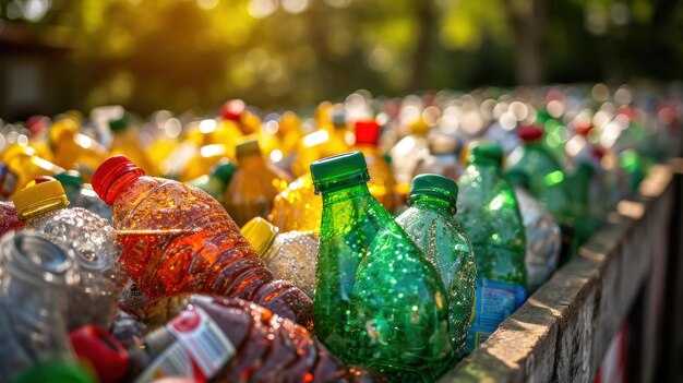 Um monte de garrafas de plástico estão alinhadas em uma fila ai