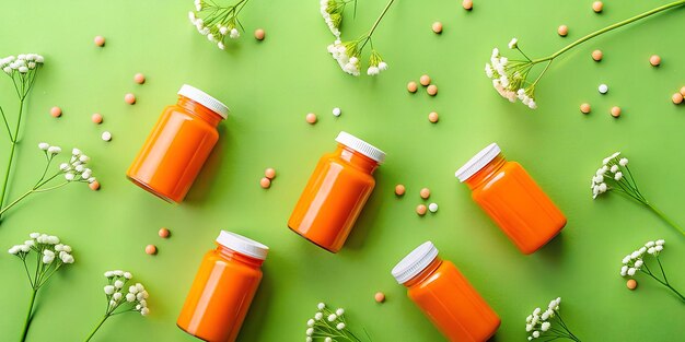 um monte de garrafas laranjas com flores e tampas laranja em uma superfície verde