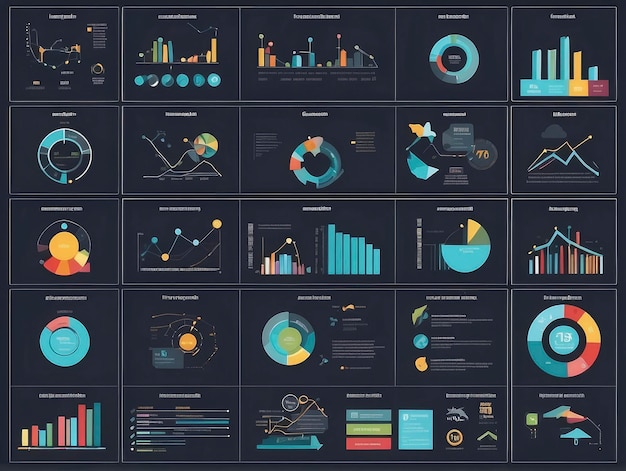 Foto um monte de gráficos e diagramas em um fundo preto com um fundo escuro