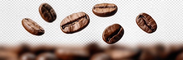 Um monte de grãos de café estão no ar.