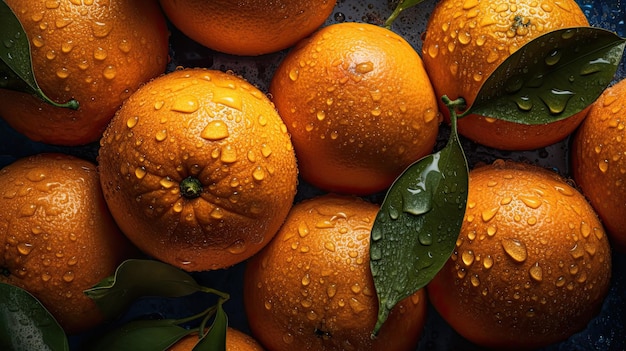 Um monte de laranjas com gotas de água sobre eles