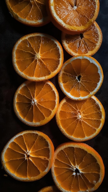 Um monte de laranjas cortadas ao meio em uma IA generativa de mesa
