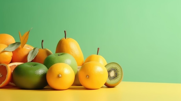 Um monte de laranjas e kiwis em uma mesa amarela