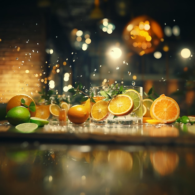 um monte de laranjas e limões estão sobre uma mesa com uma luz brilhando sobre eles.