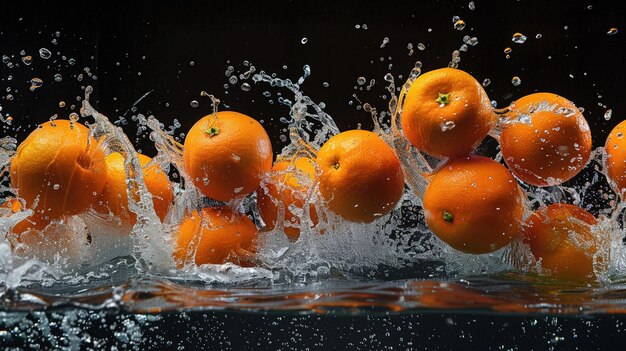 Um monte de laranjas inteiras caindo na água criando um salpico energético