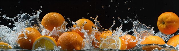 Um monte de laranjas inteiras caindo na água criando um salpico energético