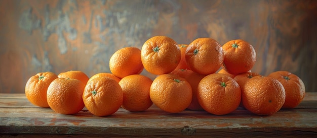 Um monte de laranjas numa mesa de madeira