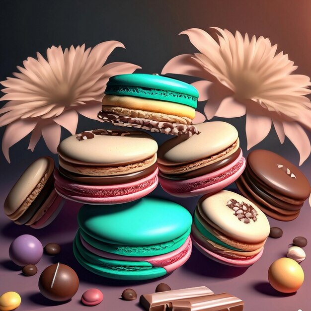 um monte de macaroons e flores em uma mesa com chocolates e barras de chocolate