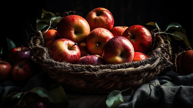 Um monte de maçãs em uma cesta com fundo desfocado