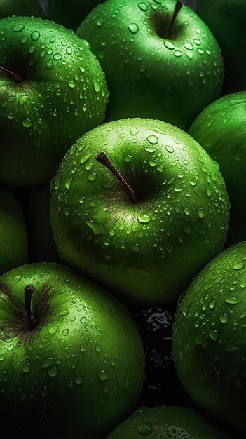 Foto um monte de maçãs verdes com gotas de água sobre eles