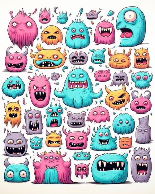 um monte de monstros de desenho animado com diferentes rostos e bocas IA generativa