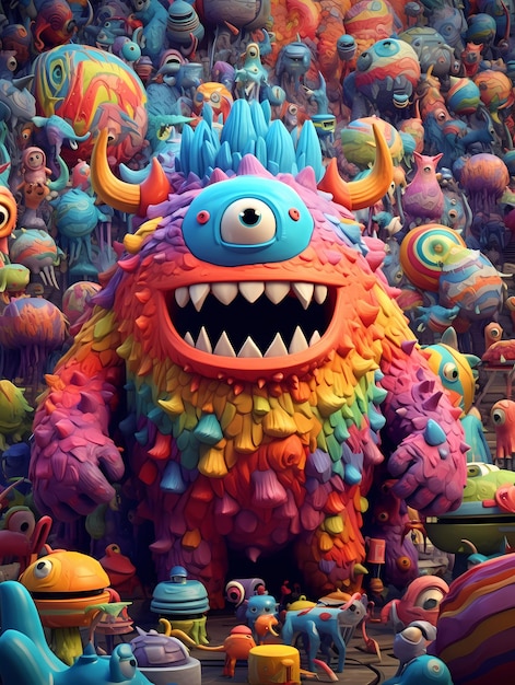 Um monte de monstros fofos, renderização 3d colorida gerada ai