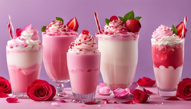 um monte de morangos e milkshake de morango estão em uma mesa