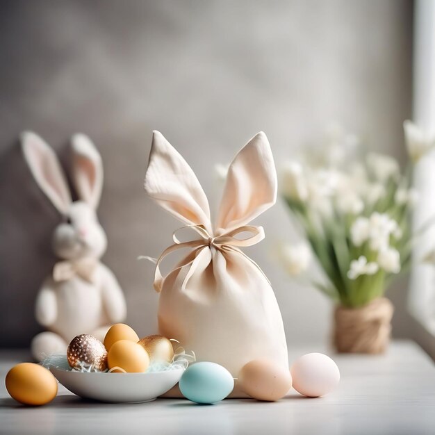 um monte de ovos de Páscoa estão em uma mesa com um vaso de flores