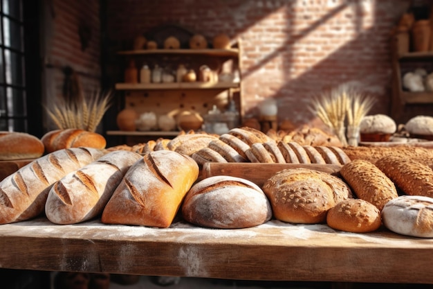 Um monte de pão em cima de uma mesa de madeira Perfeito para designs relacionados a alimentos e projetos culinários