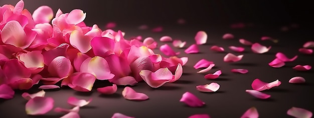 Um monte de pétalas de rosa em um fundo marrom com a palavra amor nele.