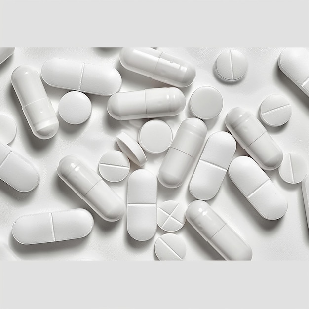 um monte de pílulas brancas que estão em uma mesa