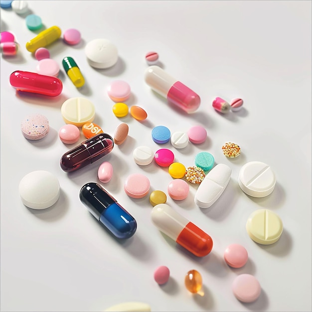 um monte de pílulas coloridas estão em uma mesa com um fundo branco