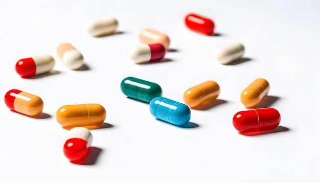 um monte de pílulas coloridas medicação isolado em fundo branco